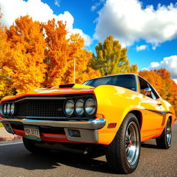 A beautifully designed classic muscle car with a boxy look, featuring a shiny chrome grille, muscular lines, and bold colors