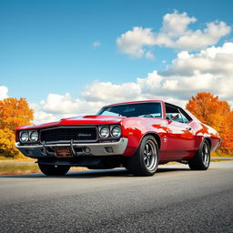 A beautifully designed classic muscle car with a boxy look, featuring a shiny chrome grille, muscular lines, and bold colors