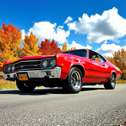 A beautifully designed classic muscle car with a boxy look, featuring a shiny chrome grille, muscular lines, and bold colors