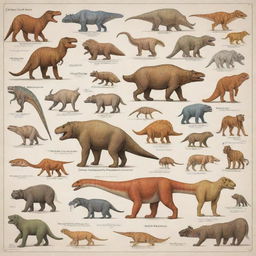 Illustrate a cutout image chart representing various geological eras such as the Jurassic, Triassic, and Cretaceous. Include distinct, iconic animals from each era like dinosaurs, mastodons, and sabre-toothed tigers, with labels naming each animal.