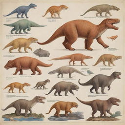 Illustrate a cutout image chart representing various geological eras such as the Jurassic, Triassic, and Cretaceous. Include distinct, iconic animals from each era like dinosaurs, mastodons, and sabre-toothed tigers, with labels naming each animal.