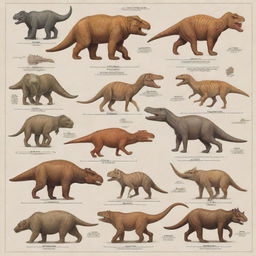 Illustrate a cutout image chart representing various geological eras such as the Jurassic, Triassic, and Cretaceous. Include distinct, iconic animals from each era like dinosaurs, mastodons, and sabre-toothed tigers, with labels naming each animal.