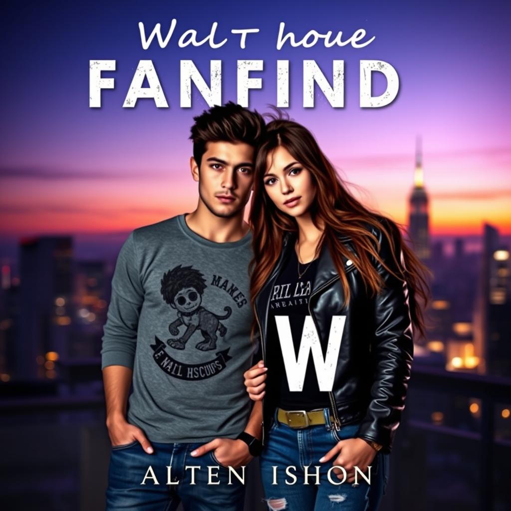 A captivating book cover design for a Wattpad fanfiction, featuring a charismatic young adult couple standing in a dramatic urban setting at twilight