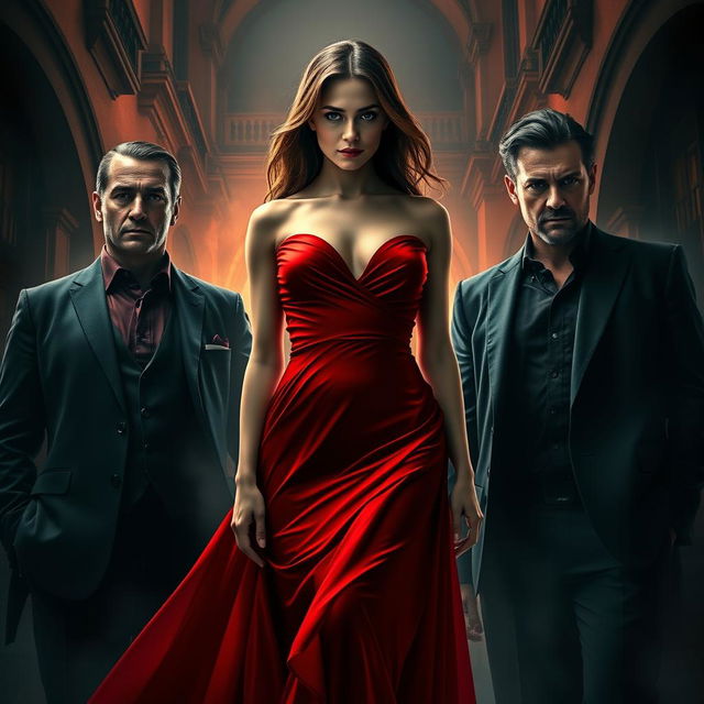 An intense and evocative scene depicting a stunning young woman in a flowing red dress, emblematic of passion and desire, set in a dramatic Spanish setting