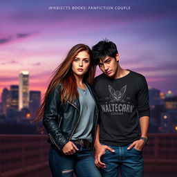 A captivating book cover design for a Wattpad fanfiction, featuring a charismatic young adult couple standing in a dramatic urban setting at twilight