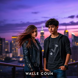 A captivating book cover design for a Wattpad fanfiction, featuring a charismatic young adult couple standing in a dramatic urban setting at twilight