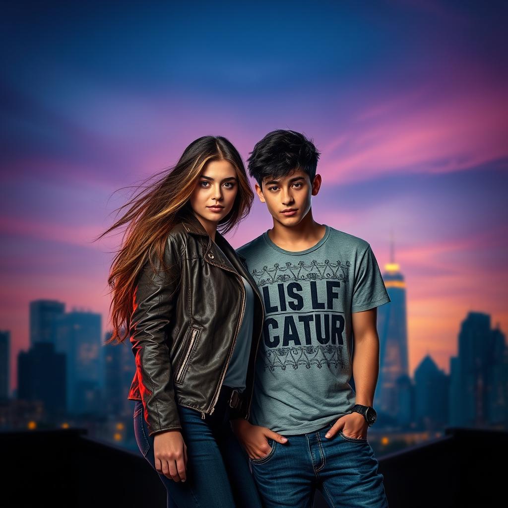 A captivating book cover design for a Wattpad fanfiction, featuring a charismatic young adult couple standing in a dramatic urban setting at twilight