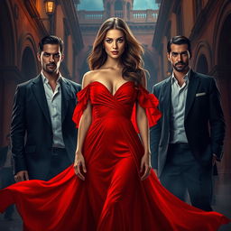 An intense and evocative scene depicting a stunning young woman in a flowing red dress, emblematic of passion and desire, set in a dramatic Spanish setting