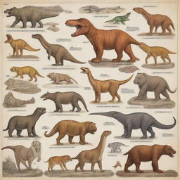 Illustrate a cutout image chart representing various geological eras such as the Jurassic, Triassic, and Cretaceous. Include distinct, iconic animals from each era like dinosaurs, mastodons, and sabre-toothed tigers, with labels naming each animal.