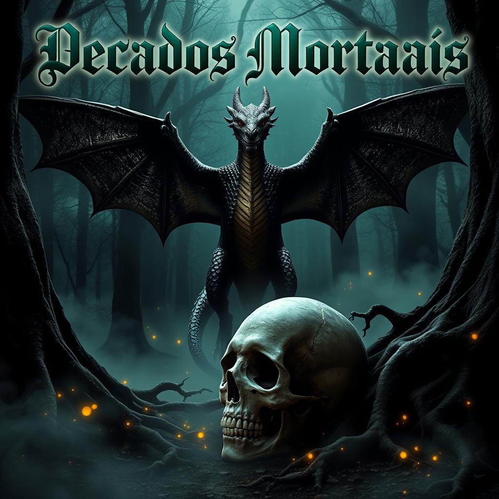 A striking Wattpad fanfiction cover titled "Pecados Mortais", featuring a dark, enchanted forest as the background