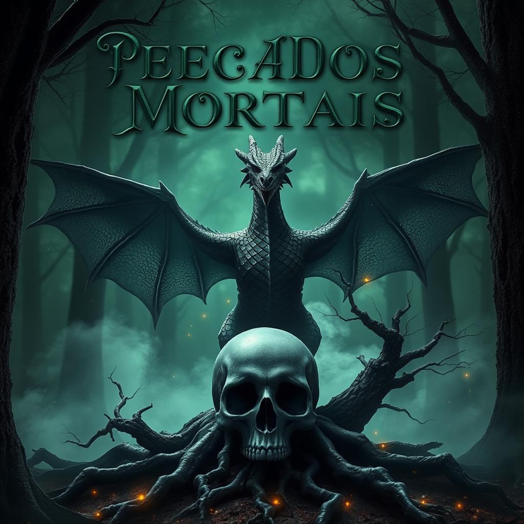 A striking Wattpad fanfiction cover titled "Pecados Mortais", featuring a dark, enchanted forest as the background