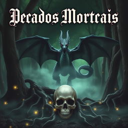 A striking Wattpad fanfiction cover titled "Pecados Mortais", featuring a dark, enchanted forest as the background