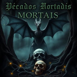 A striking Wattpad fanfiction cover titled "Pecados Mortais", featuring a dark, enchanted forest as the background