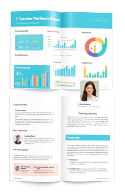 A visually engaging report on teacher performance, featuring a clean layout with sections for statistics, achievements, and feedback