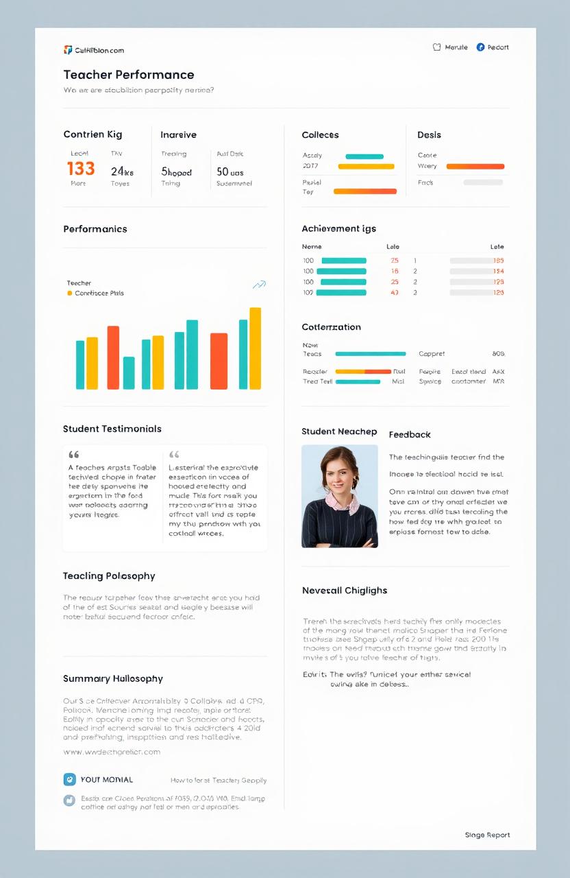 A visually engaging report on teacher performance, featuring a clean layout with sections for statistics, achievements, and feedback