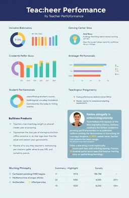 A visually engaging report on teacher performance, featuring a clean layout with sections for statistics, achievements, and feedback