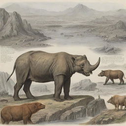 Revise the previous image with emphasis on the text. Enlarge the animal labels and geological era names for increased readability and impact, ensuring they stand out against the illustrations and background.