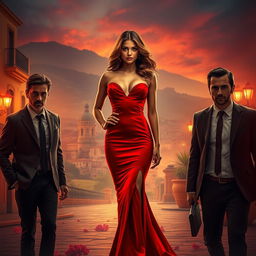 A captivating scene set in Spain featuring a beautiful woman in a stunning red dress, exuding passion and allure