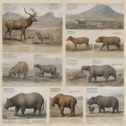 Revise the previous image with emphasis on the text. Enlarge the animal labels and geological era names for increased readability and impact, ensuring they stand out against the illustrations and background.