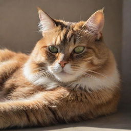 A relaxed, majestic cat named Master Cammy, laying down comfortably in a sunny spot, her fur shimmering with the hues of the light, and eyes half-closed in contentment