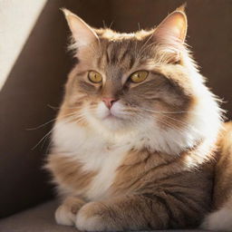 A relaxed, majestic cat named Master Cammy, laying down comfortably in a sunny spot, her fur shimmering with the hues of the light, and eyes half-closed in contentment