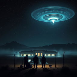 An intriguing and mysterious scene depicting a dark, starry sky over the Pentagon and Area 51, with an otherworldly glow and ufos hovering in the sky