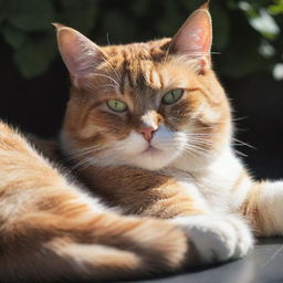 A relaxed, majestic cat named Master Cammy, laying down comfortably in a sunny spot, her fur shimmering with the hues of the light, and eyes half-closed in contentment