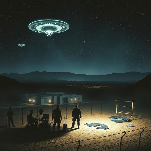 An intriguing and mysterious scene depicting a dark, starry sky over the Pentagon and Area 51, with an otherworldly glow and ufos hovering in the sky