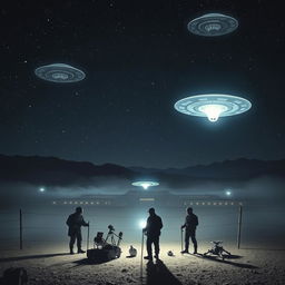 An intriguing and mysterious scene depicting a dark, starry sky over the Pentagon and Area 51, with an otherworldly glow and ufos hovering in the sky