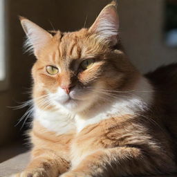 A relaxed, majestic cat named Master Cammy, laying down comfortably in a sunny spot, her fur shimmering with the hues of the light, and eyes half-closed in contentment