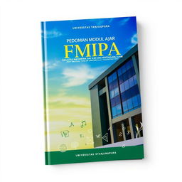 A book cover design featuring a prominent image of the FMIPA building at Universitas Tanjungpura