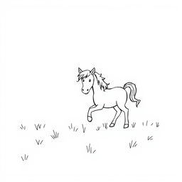 A simple black and white drawing featuring a horse and a pony playing together in a field