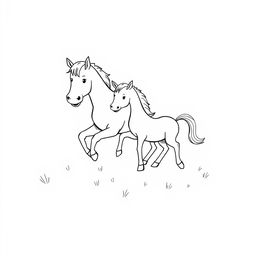 A simple black and white drawing featuring a horse and a pony playing together in a field