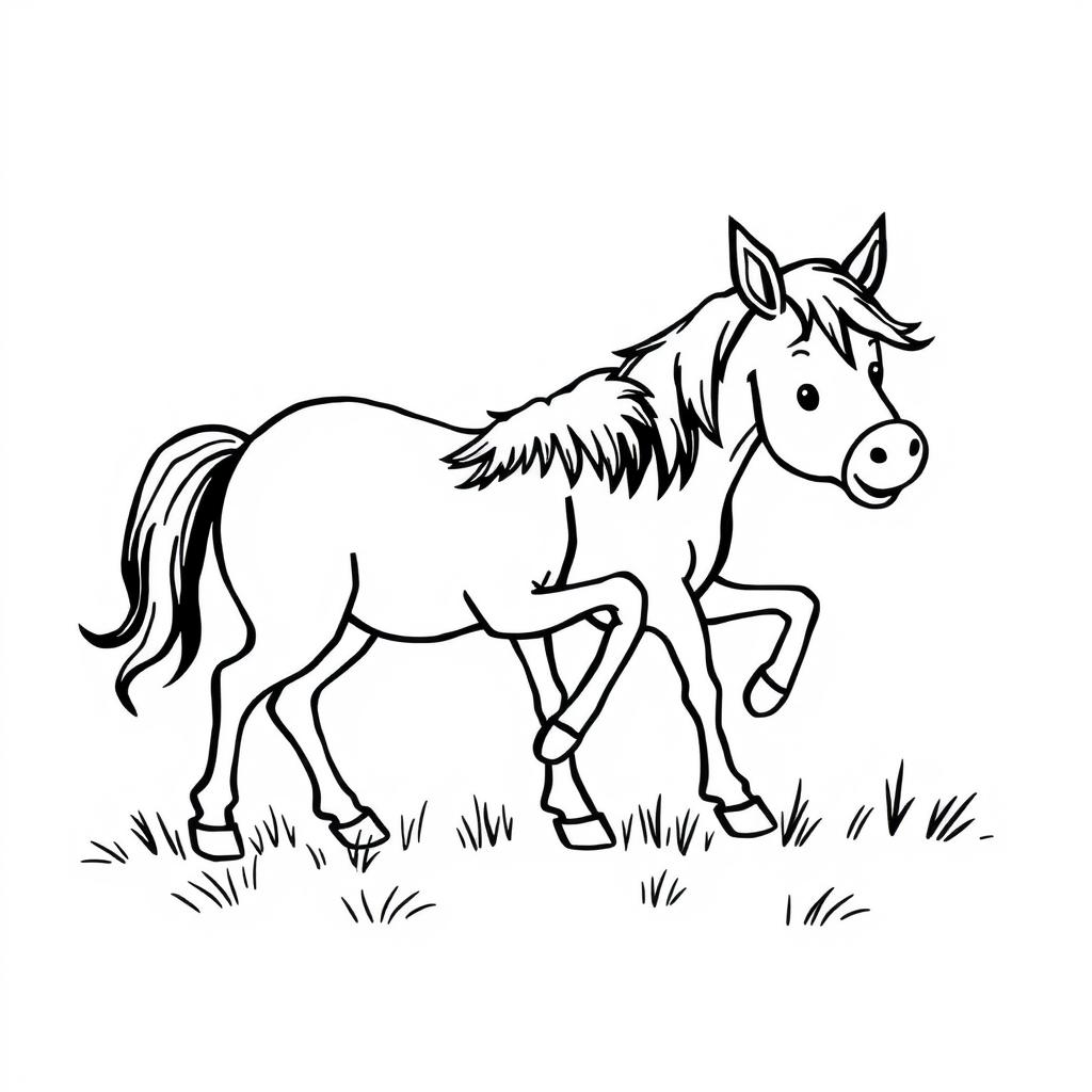 A simple black and white drawing featuring a horse and a pony playing together in a field