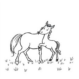 A simple black and white drawing featuring a horse and a pony playing together in a field