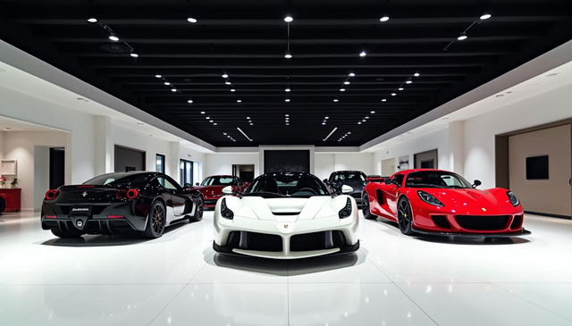 An indoor car dealership showcasing a luxurious design, featuring black ceilings that enhance the modern aesthetic, with soft ambient lighting illuminating the space