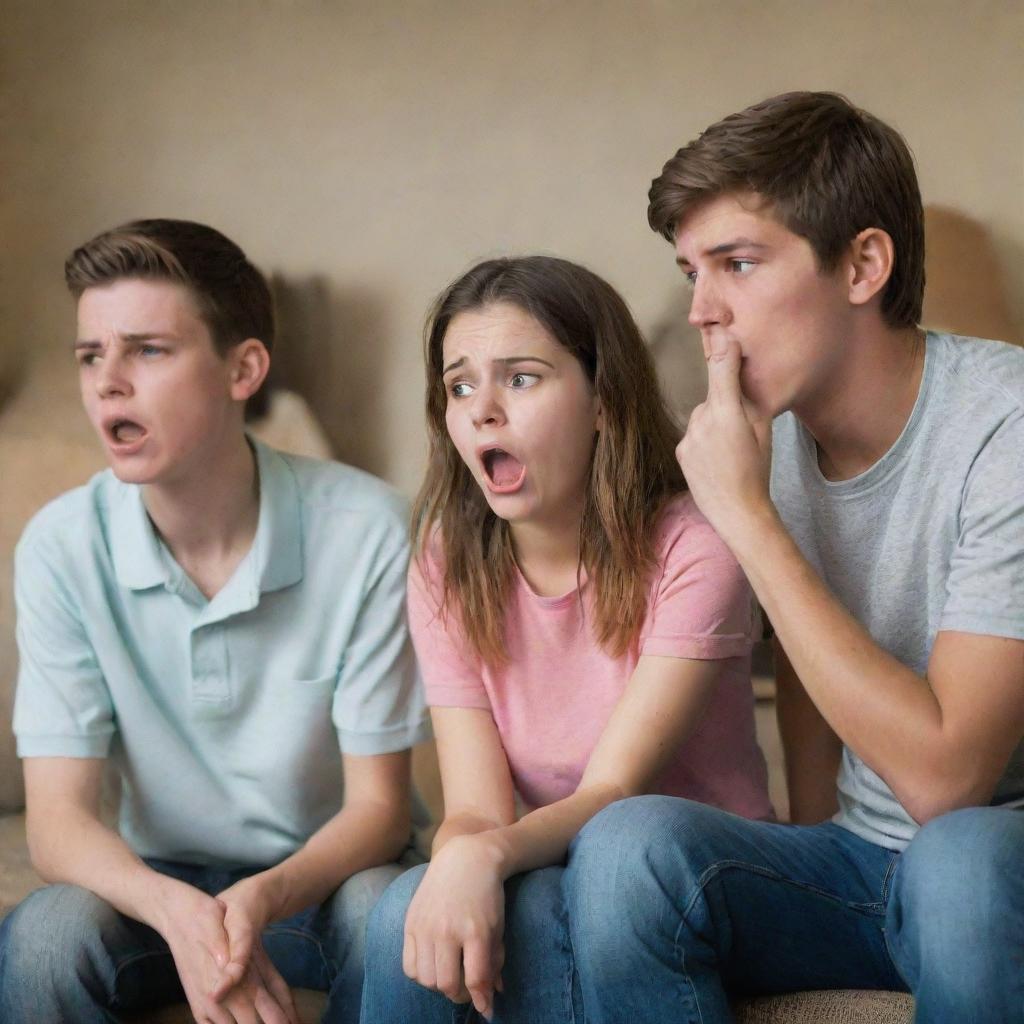 A tense scene with two teenagers expressing displeasure and frustration to their parents, their expressions bitter and upset, with the parents looking a mix of concern and disappointment in a suburban living room.