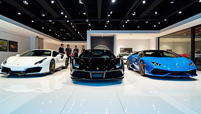 An indoor car dealership exhibiting a modern and luxurious design, characterized by striking black ceilings that create an elegant atmosphere, complemented by soft ambient lighting throughout the space