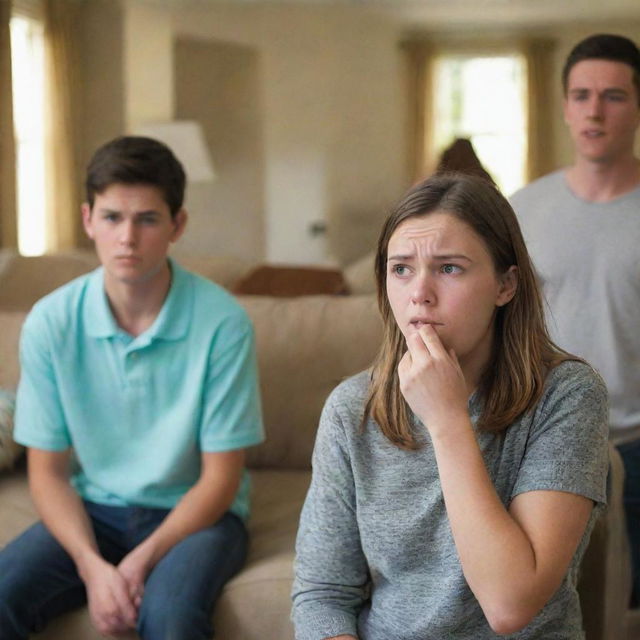 A tense scene with two teenagers expressing displeasure and frustration to their parents, their expressions bitter and upset, with the parents looking a mix of concern and disappointment in a suburban living room.