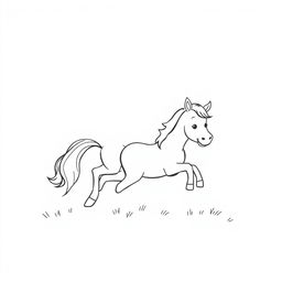 A simple black and white drawing of a horse and pony joyfully playing together in a field