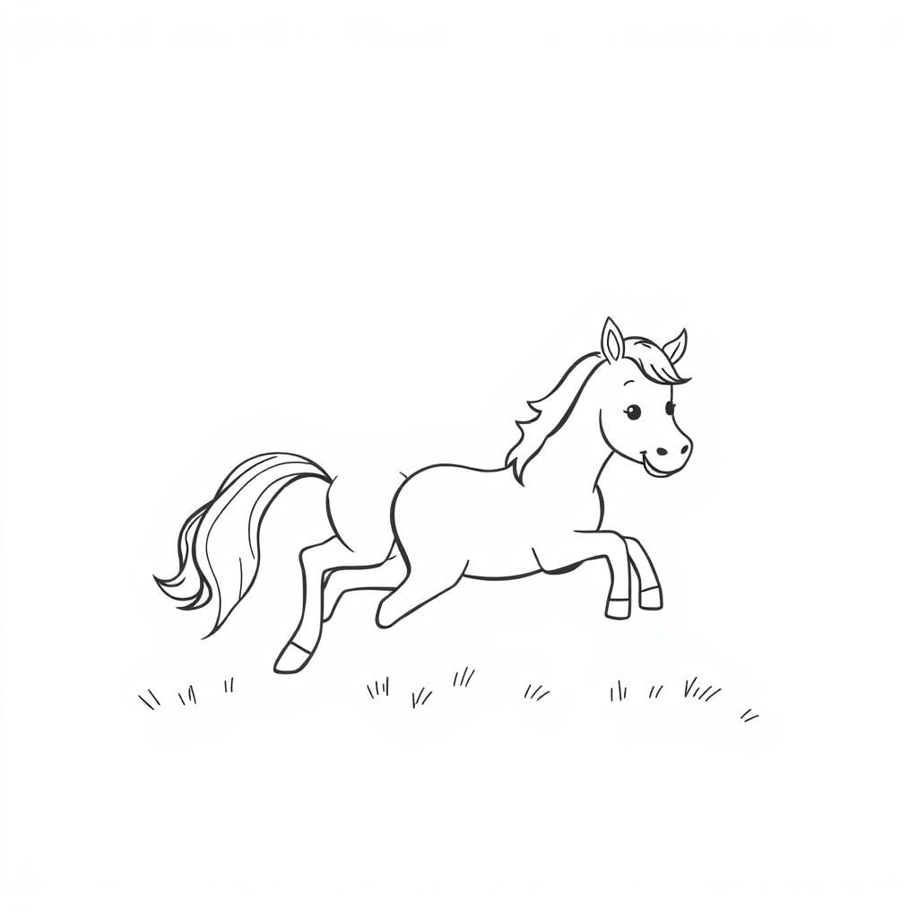 A simple black and white drawing of a horse and pony joyfully playing together in a field