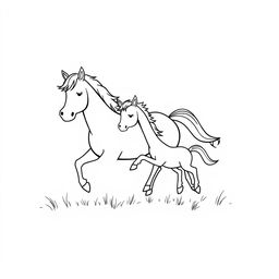 A simple black and white drawing of a horse and pony joyfully playing together in a field