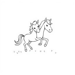 A simple black and white drawing of a horse and pony joyfully playing together in a field