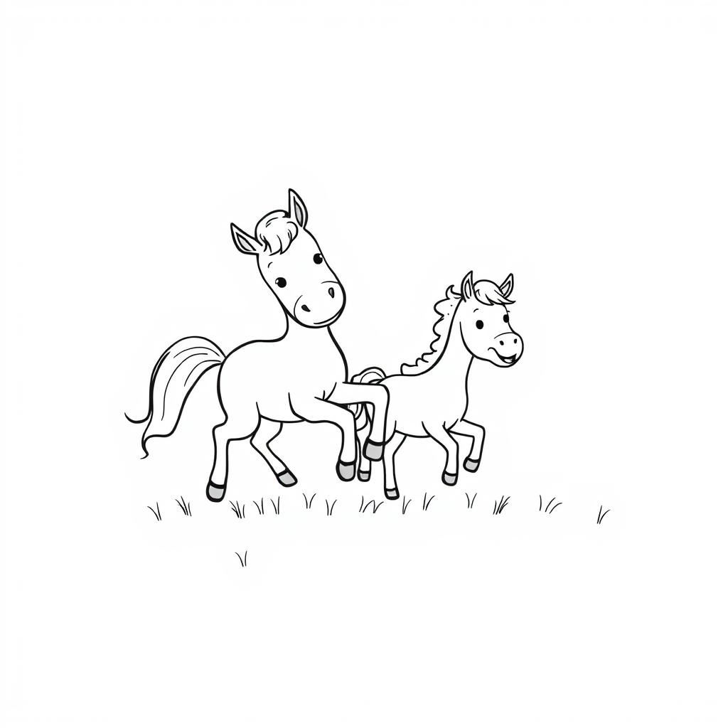 A simple black and white drawing of a horse and pony joyfully playing together in a field