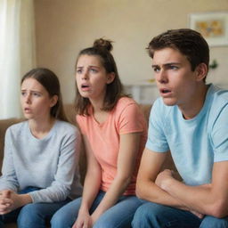 A tense scene with two teenagers expressing displeasure and frustration to their parents, their expressions bitter and upset, with the parents looking a mix of concern and disappointment in a suburban living room.