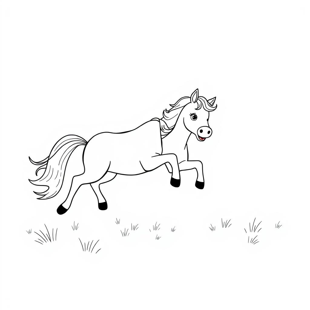 A charming black and white drawing of a horse and a pony playing together joyfully in a spacious field