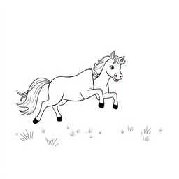 A charming black and white drawing of a horse and a pony playing together joyfully in a spacious field