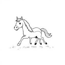 A charming black and white drawing of a horse and a pony playing together joyfully in a spacious field