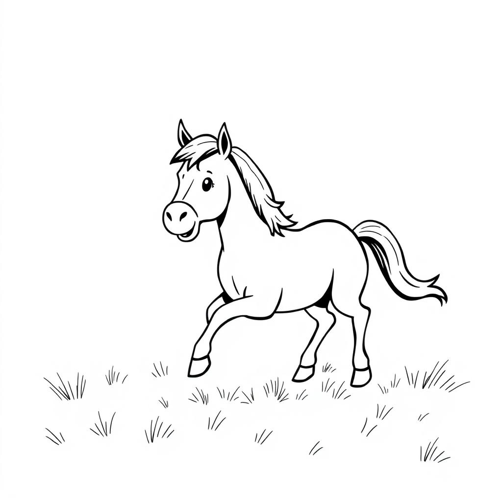 A charming black and white drawing of a horse and a pony playing together joyfully in a spacious field