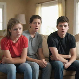 A tense scene with two teenagers expressing displeasure and frustration to their parents, their expressions bitter and upset, with the parents looking a mix of concern and disappointment in a suburban living room.